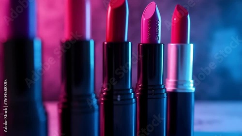 Colorful lipsticks arranged creatively on a marble surface with soft pink smoke in the background