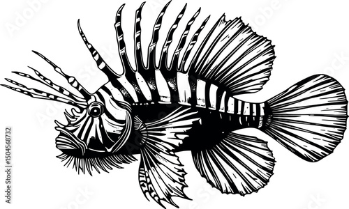 Vintage lionfish engraving with detailed fins on white background