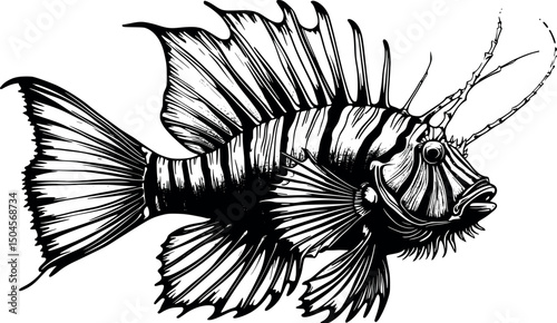 Vintage lionfish engraving with detailed fins on white background