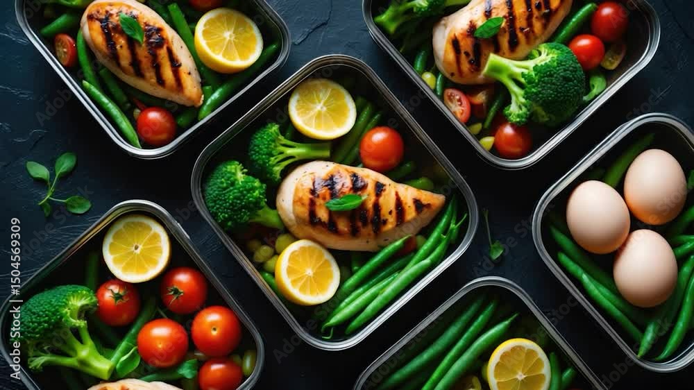 Healthy Meal Prep Boxes Featuring Grilled Chicken Breasts, Fresh Broccoli, Cherry Tomatoes, Green Beans, and Lemon Slices Alongside Hard-Boiled Eggs for Balanced Nutrition