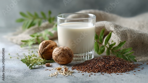 A glass of milk placed beside whole walnuts and scattered flax seeds on a textured surface with fresh green leaves, soft natural lighting.