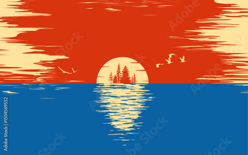 Sea sunset aesthetic vector illustration ocean tropical climate clouds dusk waves landscape background summer sky minimalist painting nature colorful retro style nostalgia artistic water reflection