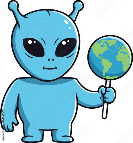 Blue alien character holding small globe Earth illustration in vector style for creative design projects 