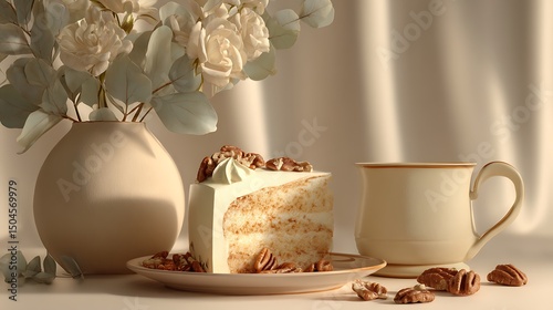 A slice of cake with cream frosting and pecans beside a ceramic cup of tea, soft eucalyptus in a pottery vase, warm lighting on a light background.