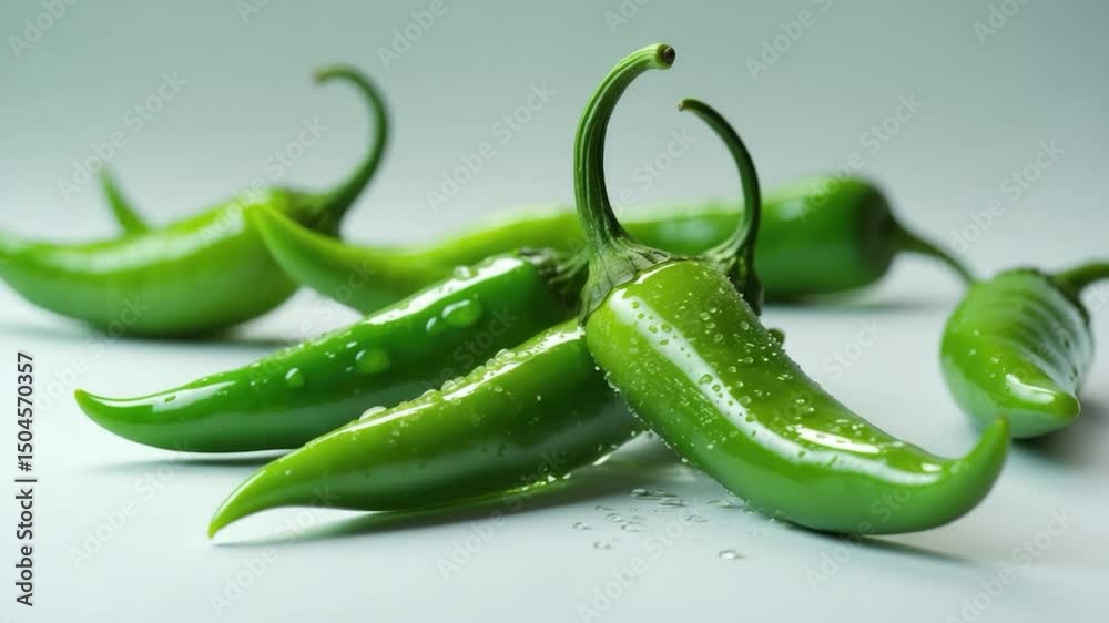 Fresh green chili peppers with glistening water droplets, arranged artistically on a light background, highlighting their vibrant color and smooth texture.