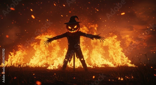 Jackolantern scarecrow amidst fiery field