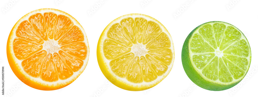 Obraz premium Collection of citrus halves - orange, lemon and lime on isolated white background. Citrus set.