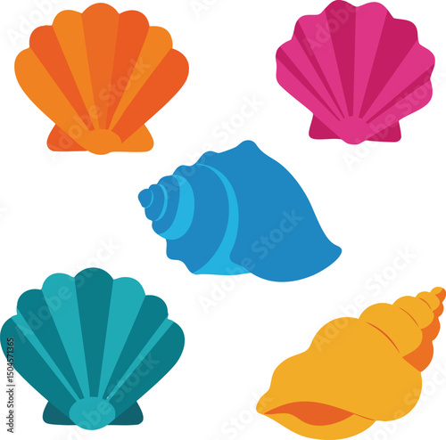 Colorful seashells vector illustration with orange, blue, teal, pink, and yellow shells in flat design style 
