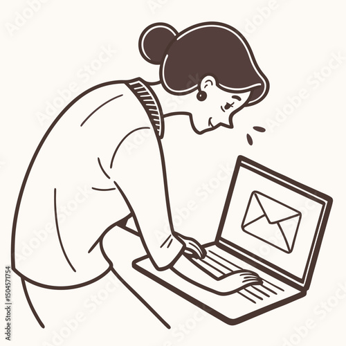 Female Characters Sending Emails – Modern Cartoon Illustrations of Digital Communication and Remote Work.  Vector illustration of woman working at laptop, sending or getting emails, email icon.