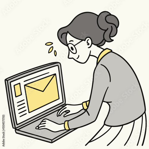 Female Characters Sending Emails – Modern Cartoon Illustrations of Digital Communication and Remote Work.  Vector illustration of woman working at laptop, sending or getting emails, email icon.