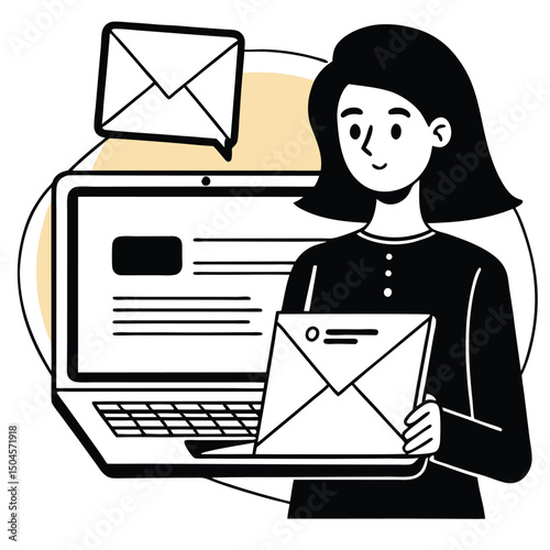 Female Characters Sending Emails – Modern Cartoon Illustrations of Digital Communication and Remote Work.  Vector illustration of woman working at laptop, sending or getting emails, email icon.
