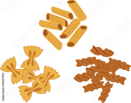 Various types of pasta including penne, farfalle, and fusilli in simple vector illustration style 