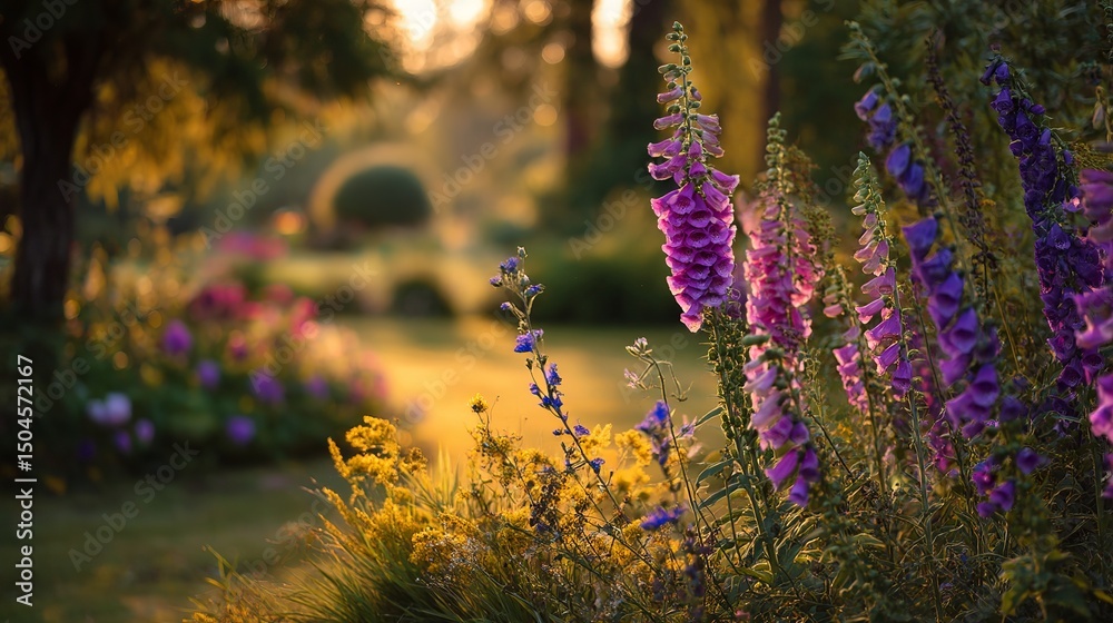 Obraz premium Stunning Purple Foxglove Flowers in a Vibrant Garden Sunset Golden Hour Blooming Summer Nature Photography Beautiful Floral Scene Lush Green Foliage Peaceful Tranquil Serene 