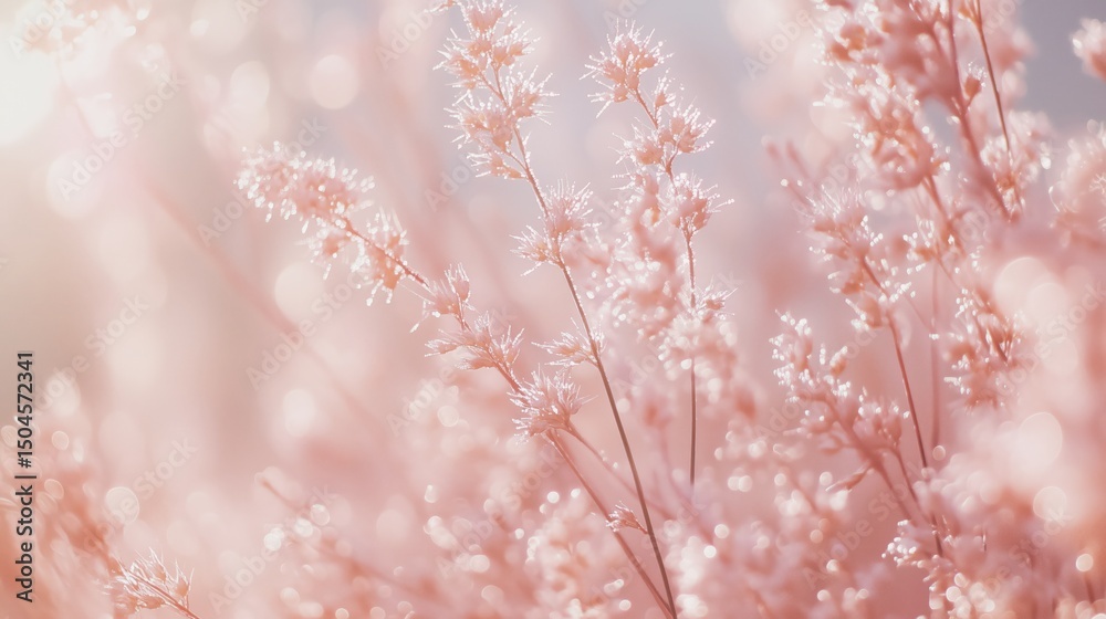 Naklejka premium Delicate pink pampas grass in soft sunlight with dew droplets