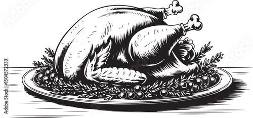 Black and white illustration of a roasted chicken with herbs and garnishes on a serving platter