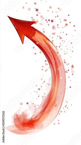 Red curved arrow with watercolor splashes on white background
