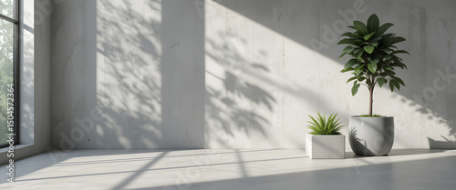 Cement floor seamless texture in white light with grey marble and plant decoration

