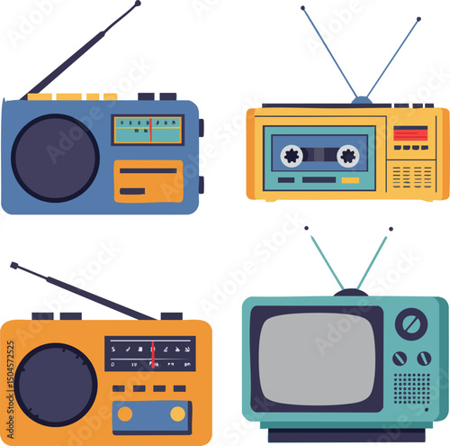 Retro vintage radio cassette player and old television set vector illustration in colorful design elements