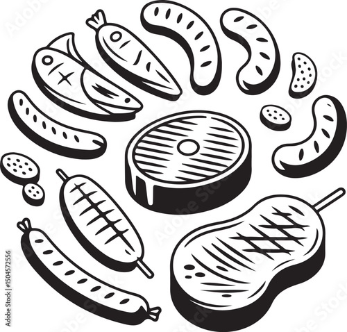 Black and white illustration of various grilled meats including sausages, steaks, and fish, arranged artistically on a platter