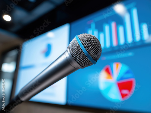 Microphone ready for presentation in a modern meeting space with data visuals
