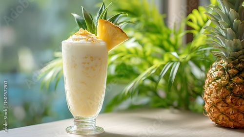 Creamy tropical smoothie in a glass tumbler, pineapple garnish and fresh green foliage in background, bright and refreshing.