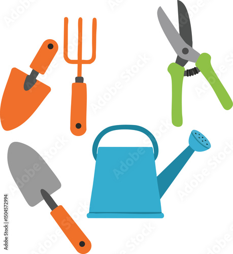 Gardening tools set with blue watering can and orange hand trowels and fork vector illustration