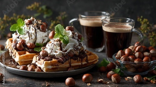 Delicious food setup featuring hazelnut spread-covered waffles with whipped cream, garnished with mint and dark chocolate, roasted hazelnuts in a glass bowl.