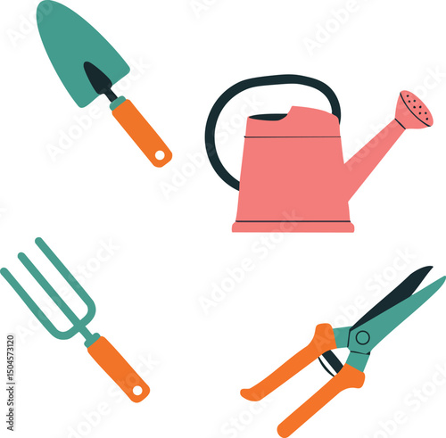 Gardening tools set with watering can, trowel, hand fork, and pruning shears for planting and garden care vector illustration 