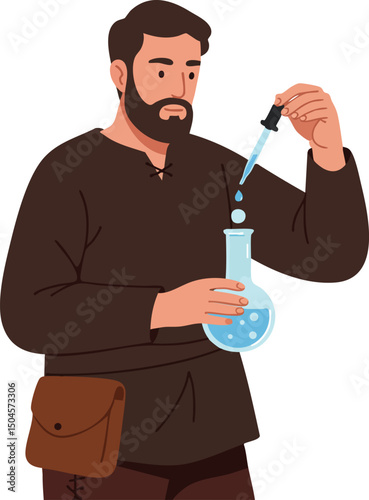 Man in dark clothing conducting chemistry experiment with blue liquid in flask using dropper vector illustration 