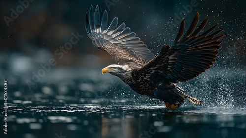 Dynamic moment of a bald eagle mid-flight grasping a fish from a shimmering lake surface, water droplets flying in every direction, high detail and motion.