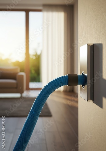 Wallpaper Mural Blue hose connected to modern wall-mounted central vacuum inlet in bright room. Clean and efficient solution for contemporary homes. Torontodigital.ca