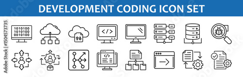 Development coding icon set vector illustration for software engineering and web design tools