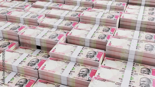 India 1000 Rupee Banknotes Camera Movement in Slow Motion. Realistic 3D Animation of indian Money, 4k Resolution Currency Stack stock video