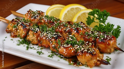 Glazed chicken skewers resting on a white plate, garnished with sesame seeds and parsley, with lemon halves on a wood table.