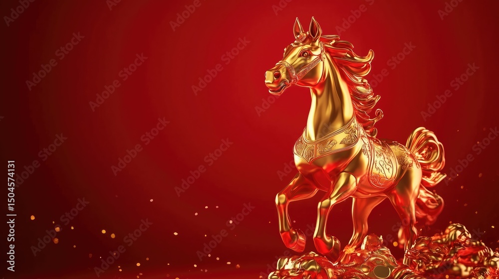 Fototapeta premium Golden horse statue on red background with glittering accents