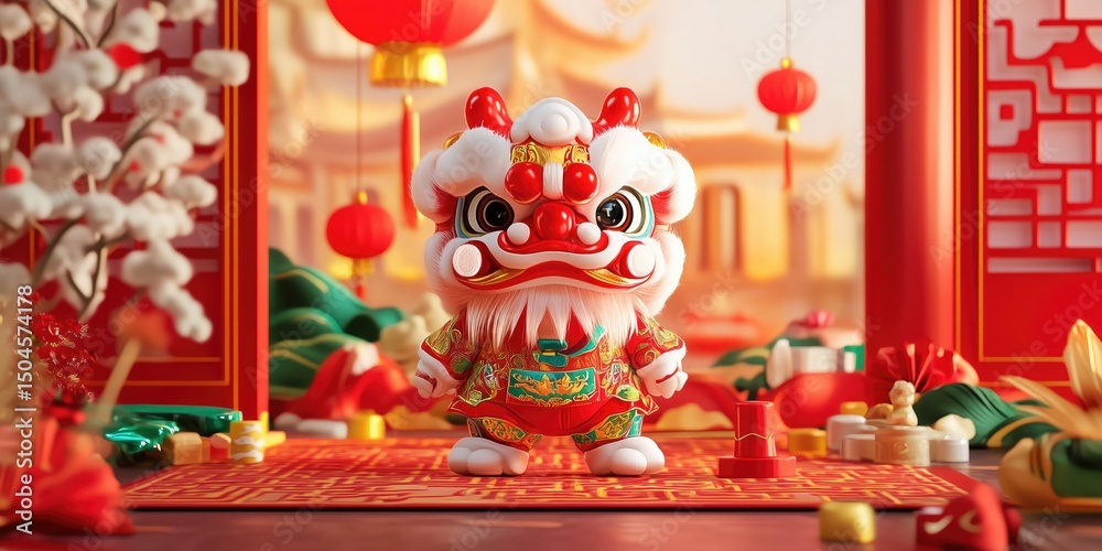 Naklejka premium Colorful chinese new year dragon figurine surrounded by festive red decor