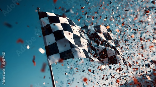 Checkered racing flag raised high in victory surrounded by colorful confetti flying through the air