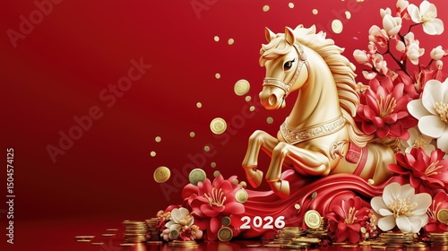 Golden horse with blossoms and coins: symbol of prosperity for 2026
