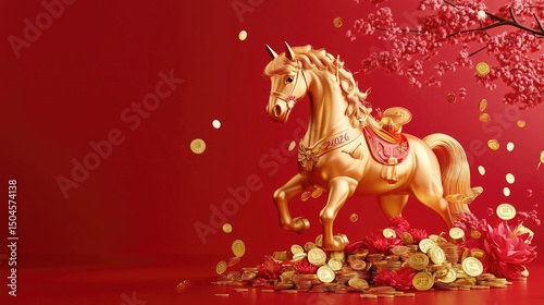 Golden horse with coins and cherry blossoms on red background celebrating 2026