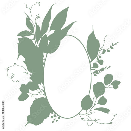 Vector floral frames with silhouettes of branches, leaves and flowers.. Monochrome silhouette of minimalistic laconic plant frames wreaths. botanical borders and wreaths for wedding invitation, card. 