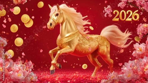 Golden horse with cherry blossoms and coins celebrating 2026