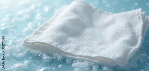 Close-up shot of wet white cloth in water with bubbles, foam. Clean textile soaking in liquid. Cleaning, housework concept. Washing, laundry, household chore.