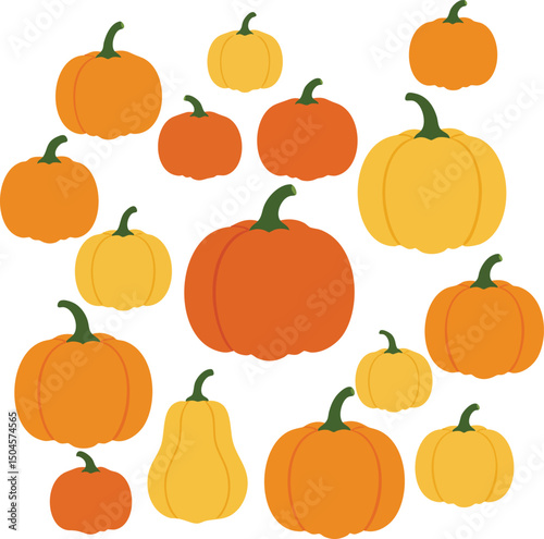 Various pumpkins and squash illustrations in orange and yellow colors for autumn and harvest themes vector collection 