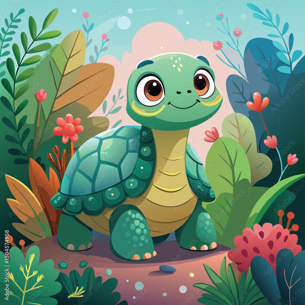 Fototapeta premium Adorable cartoon turtle smiling in a lush green garden with flowers and foliage