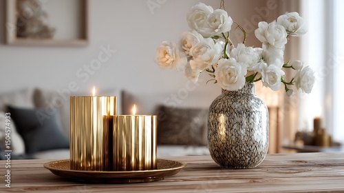 Interior decor with golden candle holders, white flowers in a ceramic vase, and soft lighting over a wooden table, in a calm and cozy minimalist room.