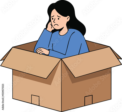 Sad woman sitting inside a cardboard box feeling isolated and thoughtful vector illustration 