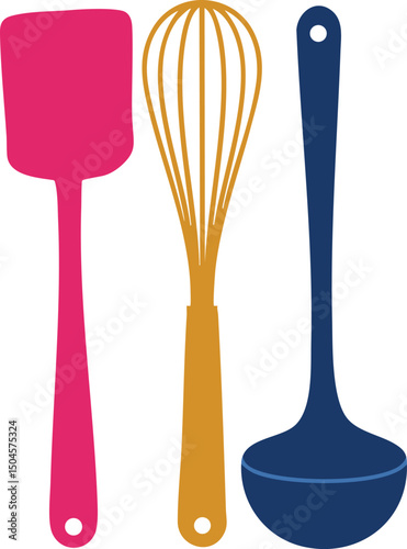 Kitchen utensils set with pink spatula golden whisk and navy blue ladle vector illustration for cooking and baking tools collection 