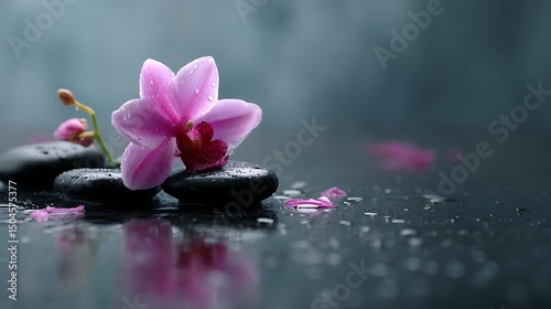 Minimalist zen composition with a single pink orchid flower and polished black stones on a wet reflective table.