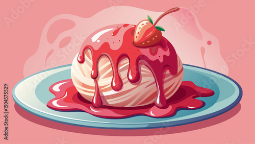 A close-up view of a strawberry ice cream scoop, melting slowly on a white plate, with sweet syrup flowing down its sides, in a soft pink background.
