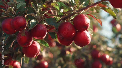 Organic apple orchard with full red apples ready for picking, backlit by morning sunlight and soft shadows.